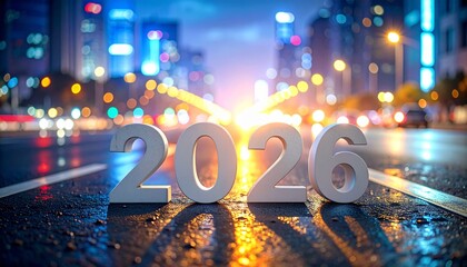 2026 New Year on Wet City Street with Glowing Urban Lights at Night