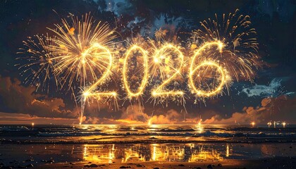 2026 New Year Fireworks Celebration with Golden Sparkler Numbers in Night Sky