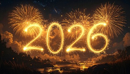 2026 New Year Fireworks Celebration with Golden Sparkler Numbers in Night Sky