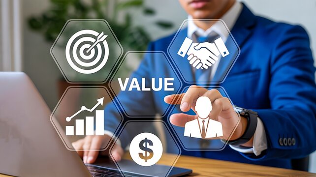 Business value growth strategy with data and financial icons - Powered by Adobe