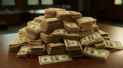 Pile of money cash stack on wooden table, natural light, photo realistic, financial success