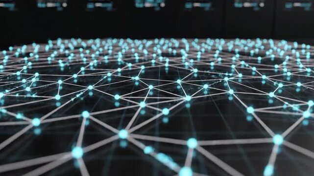 Close-up shot of a vast network of glowing blue nodes and white lines on a black background with a shallow depth of field and a futuristic mood.