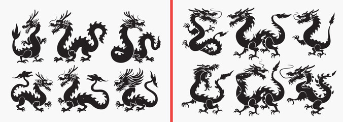 Obraz premium dragon silhouette vector, fantasy dragon clipart, mythical creature illustration, dragon svg bundle, oriental dragon shadows, fire dragon design, legendary monster vector, tattoo dragon art, black dra