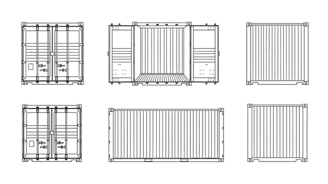 Technical drawing of industrial metal cages in various perspectives and configurations