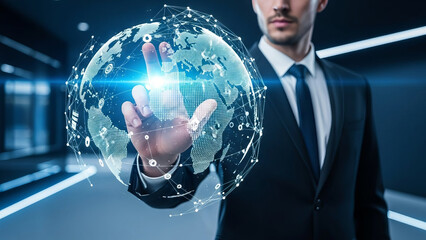 A businessman in a suit uses his finger to touch a digital world map on a virtual screen interface, representing future global communication and internet technology success