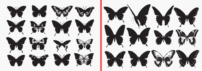 butterfly silhouette vector, flying butterfly clipart, insect silhouette svg, nature butterfly illustration, decorative butterfly shadows, spring insect design, butterfly pose collection, garden insec © Geetaroy