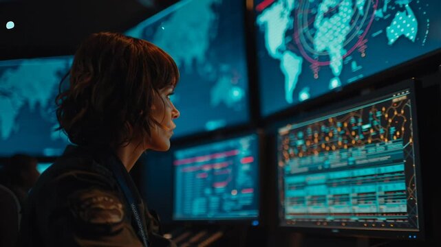 Female security officer monitoring global data on digital screens in a high-tech command center, professional surveillance and logistics for international safety and operations