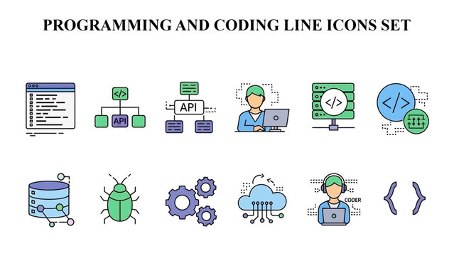Set of colorful flat icons illustrating various software development concepts including coding debugging cloud infrastructure and application programming interface integration