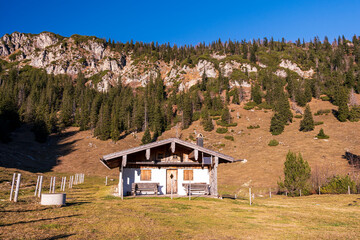 A hike along the Bavarian Chiemgau on the way to the Hochfelln peak and stop by beautiful farmers sheds