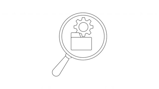 Outlined magnifying glass focusing on gear above a document folder icon