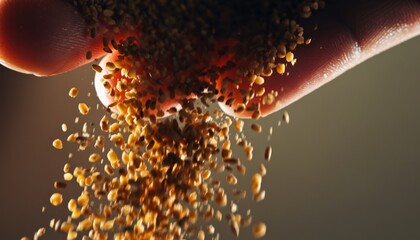 Hand pouring out a pile of small brown seeds.