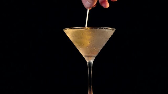 A person is stirring olives on a martini glass over a black background