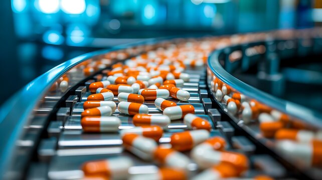 Pharmaceutical capsules moving on production conveyor belt