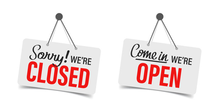 Open and closed sign icon in flat style. Signboard vector illustration on isolated background. Welcome banner sign business concept.