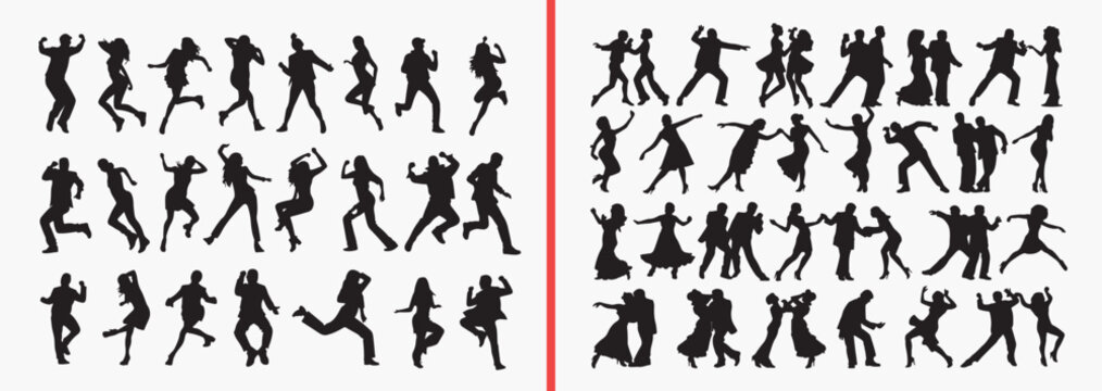dancing people silhouettes, action human poses vector, energetic movement clipart, street dance illustration, party dancer svg, active people shadows, performance pose graphics, urban dance vector set