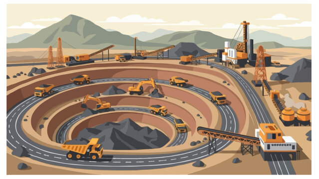 Detailed flat style illustration of an open-pit mining operation