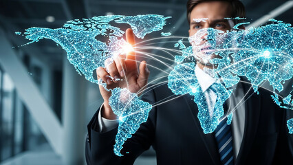 A businessman in a suit uses his finger to touch a digital world map on a virtual screen interface, representing future global communication and internet technology success