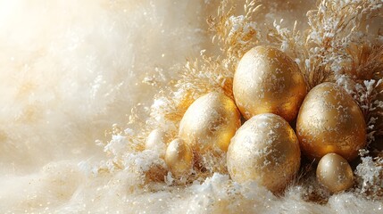Golden eggs arranged on winter-themed background with decorative elements and soft lighting