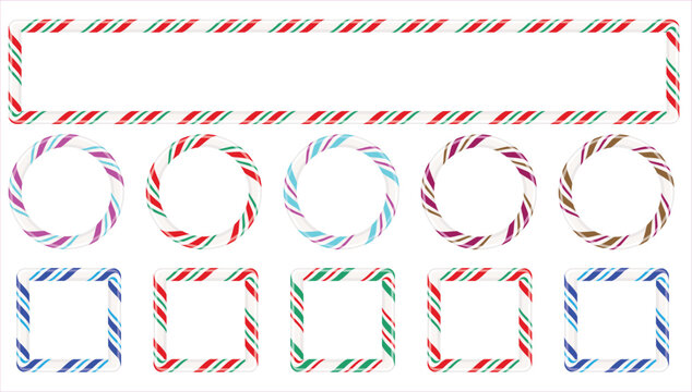 Festive candy cane borders and frames collection in various shapes and colorful patterns