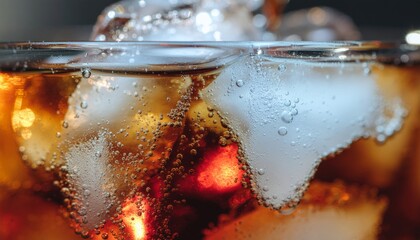 Refreshing Cola Drink with Ice Cubes Close-up.