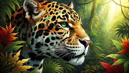 Majestic Jaguar with Glowing Spots in Tropical Forest