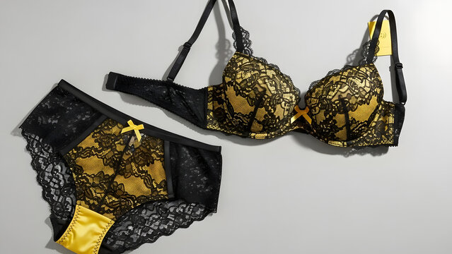 hanging black yellow lace sexy lingeri.flat lay.
