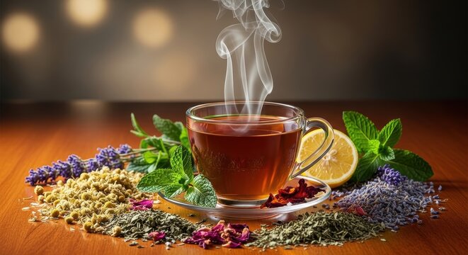 Aromatic Herbal Tea with Lemon and Fresh Herbs. - Powered by Adobe