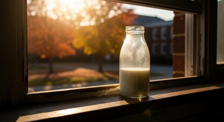 Autumnal window light illuminating a vintage milk bottle on a weathered sill