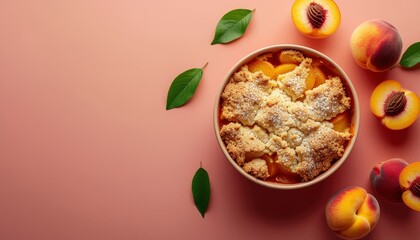 Delicious homemade peach cobbler with fresh peaches and a buttery crumble topping