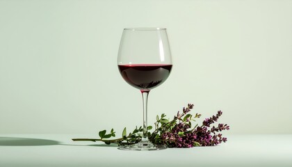 Elegant glass of red wine with floral accents on a muted, serene backdrop