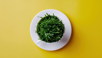 Overhead View: Cup Filled with Lush Green Herbs on a Sunny Yellow Backdrop