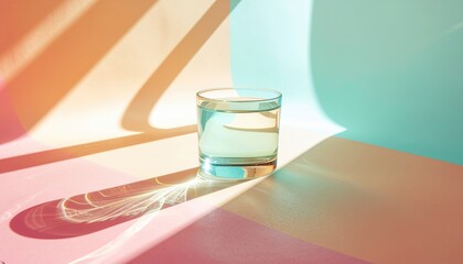 An ethereal photograph showing a glass of clear water set against vibrant color blocks