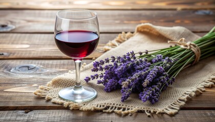 Elegant Still Life - Wine Glass and Lavender Bouquet on Wooden Table.