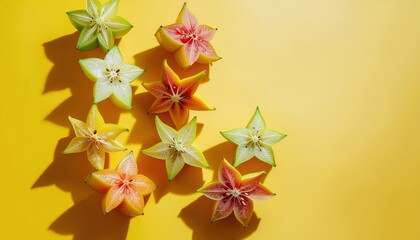 Starfruit medley vibrant arrangement against sunny yellow backdrop creates depth