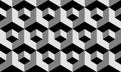 Geometric cube grid seamless pattern in isometric style, Abstract 3d cube pattern texture in gray tones. Vector illustration design for background, wallpaper.
