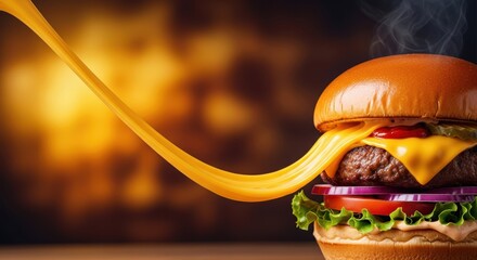 Delightful burger extravagance, showcasing a cascade of molten cheese and vibrant toppings creating a culinary masterpiece