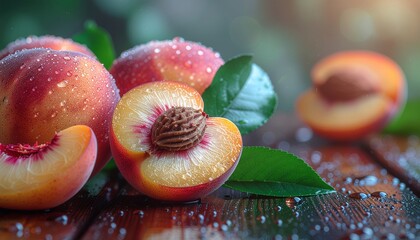 Fresh Peaches with Water Droplets on a Wooden Surface.