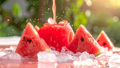 Refreshing Watermelon Slices and Juice on Ice - A Summer Delight.