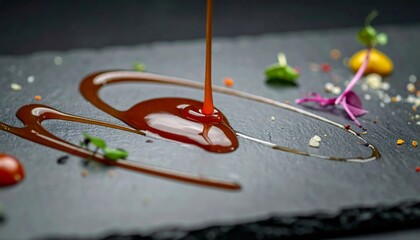 Elegant Dessert Plating with Chocolate Sauce Drizzle on Slate.
