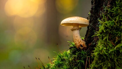 Mushroom on Mossy Tree Trunk in Autumn Forest.