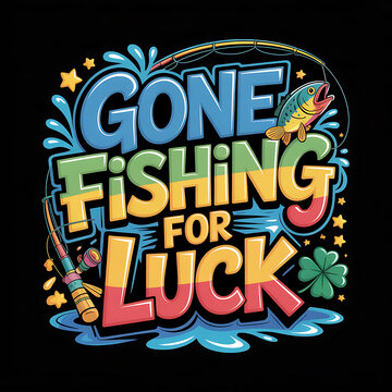 Poster with a fish and a clover on it that says Gone Fishing for Luck