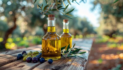 Golden Olive Oil Bottles with Fresh Olives in a Sunny Grove.