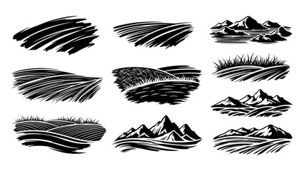 Hand-drawn sketches of various natural landscapes and fields. © art.Co