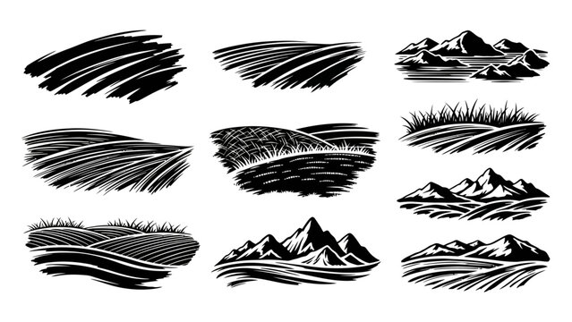Hand-drawn sketches of various natural landscapes and fields.