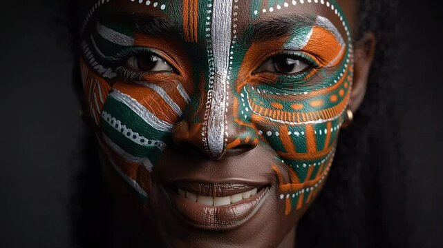Close up of a young Black woman with intricate tribal face paint looking at the camera, celebrating cultural heritage and traditional art for diversity and ethnic identity