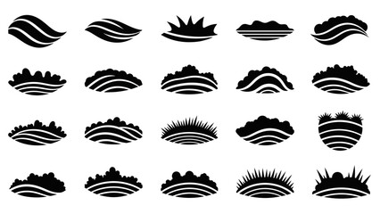 Set of various black silhouette grass and bush icons, isolated on a white background.