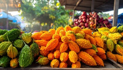 Colorful Bitter Melons Displayed at a Vibrant Market.
