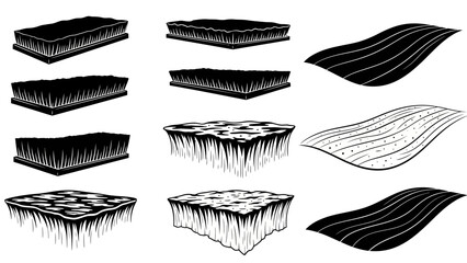Set of various floating island and riverbed designs in black and white.