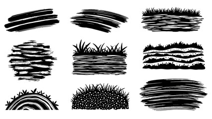 Set of various hand drawn black ink brush strokes and grass textures.