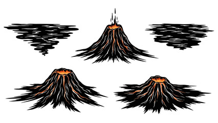Volcano eruption stages with smoke clouds vector illustration set.